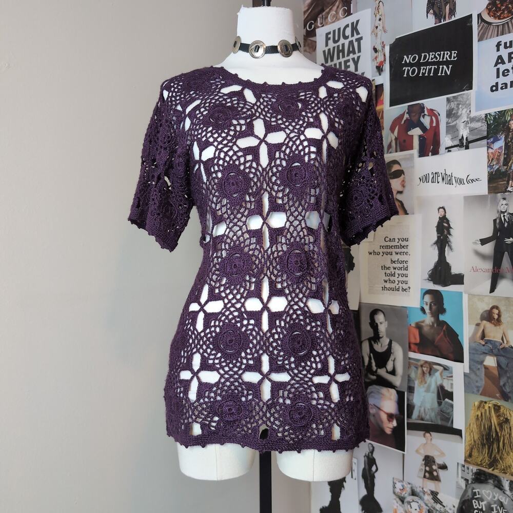 Purple Crochet Open Knit Short Sleeve Top
